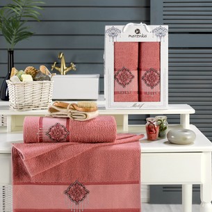 Подарочный набор полотенец для ванной 50х90, 70х140 Merzuka MOTIF хлопковая махра тёмно-розовый