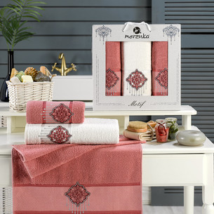 Подарочный набор полотенец для ванной 50х90(2), 70х140(1) Merzuka KONTES хлопковая махра тёмно-розовый