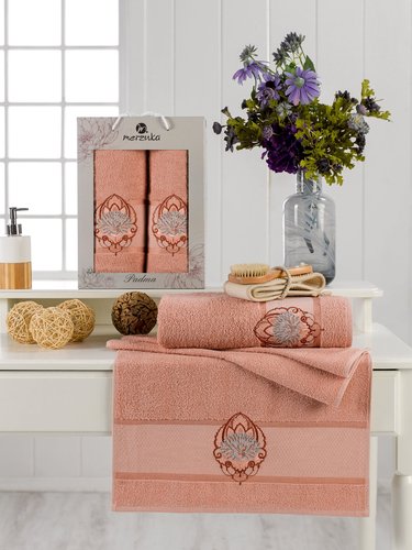 Подарочный набор полотенец для ванной 50х90, 70х140 Merzuka PADMA хлопковая махра оранжевый, фото, фотография