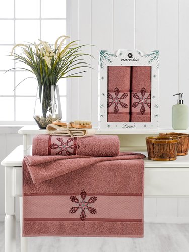 Подарочный набор полотенец для ванной 50х90, 70х140 Merzuka SIRIUS хлопковая махра тёмно-розовый, фото, фотография