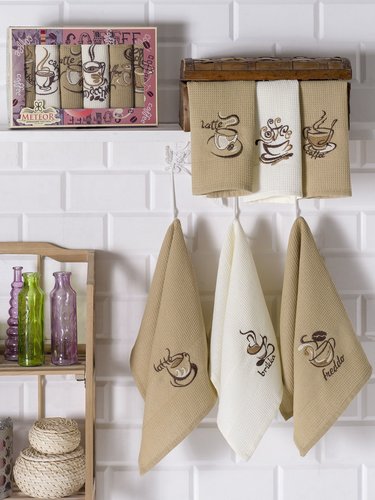 Подарочный набор полотенец для кухни 30х50(6) Meteor ТОРШОН хлопковая вафля коричневый, фото, фотография
