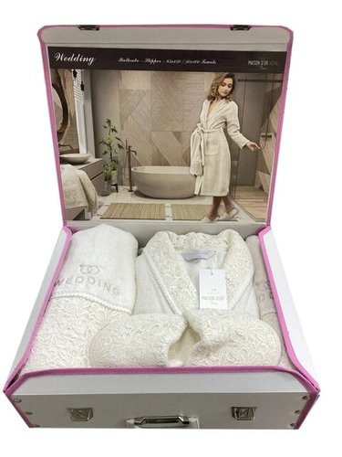Подарочный набор с халатом Maison Dor WEDDING хлопковая махра кремовый M, фото, фотография