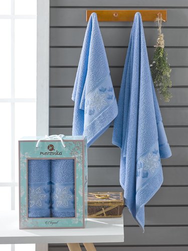 Подарочный набор полотенец для ванной 50х90, 70х140 Merzuka ELEGANT хлопковая махра голубой, фото, фотография