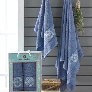 Подарочный набор полотенец для ванной 50х90, 70х140 Merzuka ELEGANT хлопковая махра тёмно-голубой