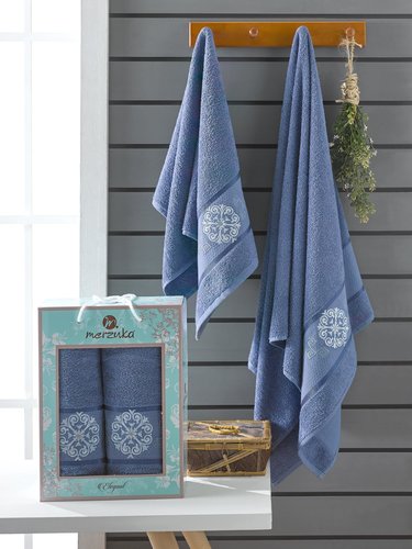 Подарочный набор полотенец для ванной 50х90, 70х140 Merzuka ELEGANT хлопковая махра тёмно-голубой, фото, фотография