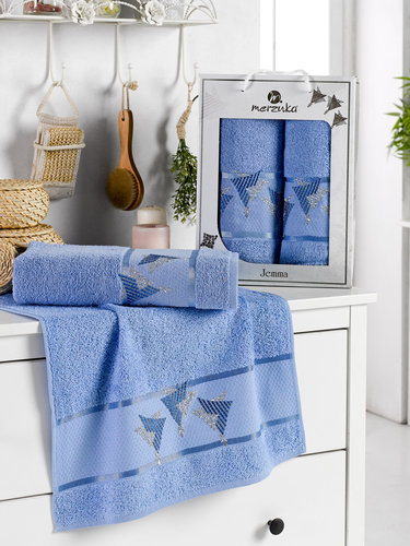 Подарочный набор полотенец для ванной 50х90, 70х140 Merzuka JEMMA хлопковая махра голубой, фото, фотография