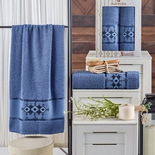 Подарочный набор полотенец для ванной 50х90, 70х140 Merzuka OTANTIC хлопковая махра тёмно-голубой