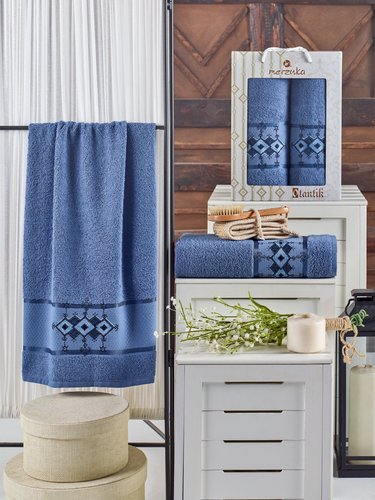Подарочный набор полотенец для ванной 50х90, 70х140 Merzuka OTANTIC хлопковая махра тёмно-голубой, фото, фотография