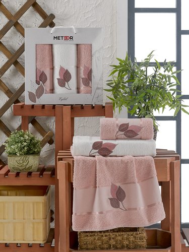 Подарочный набор полотенец для ванной 50х90(2), 70х140(1) Meteor EYLUL хлопковая махра розовый, фото, фотография