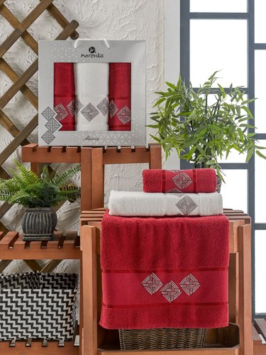 Подарочный набор полотенец для ванной 50х90(2), 70х140(1) Merzuka BANGLE хлопковая махра бордовый, фото, фотография