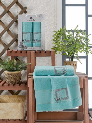 Подарочный набор полотенец для ванной 50х90, 70х140 Merzuka CLASSY хлопковая махра бирюзовый, фото, фотография
