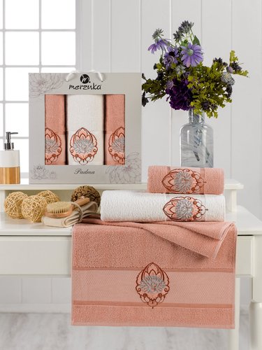 Подарочный набор полотенец для ванной 50х90(2), 70х140(1) Merzuka PADMA хлопковая махра оранжевый, фото, фотография