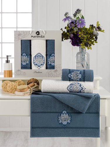 Подарочный набор полотенец для ванной 50х90(2), 70х140(1) Merzuka PADMA хлопковая махра светло-синий, фото, фотография