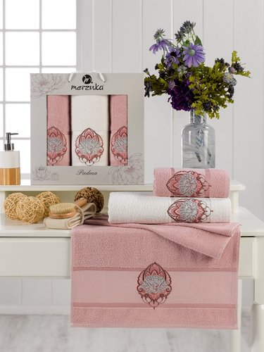 Подарочный набор полотенец для ванной 50х90(2), 70х140(1) Merzuka PADMA хлопковая махра розовый, фото, фотография