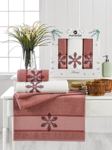 Подарочный набор полотенец для ванной 50х90(2), 70х140(1) Merzuka SIRIUS хлопковая махра тёмно-розовый, фото, фотография