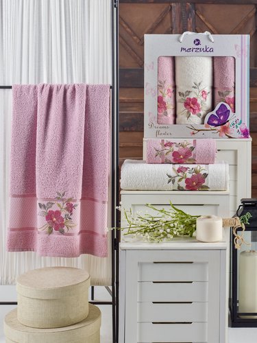 Подарочный набор полотенец для ванной 50х90(2), 70х140(1) Merzuka DREAMS FLOWER хлопковая махра светло-розовый, фото, фотография