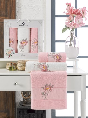 Подарочный набор полотенец для ванной 50х90(2), 70х140(1) Merzuka LOTUS хлопковая махра розовый, фото, фотография