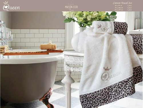 Набор полотенец для ванной 3 пр. Maison Dor QUEEN хлопковая махра кремовый/серый, фото, фотография