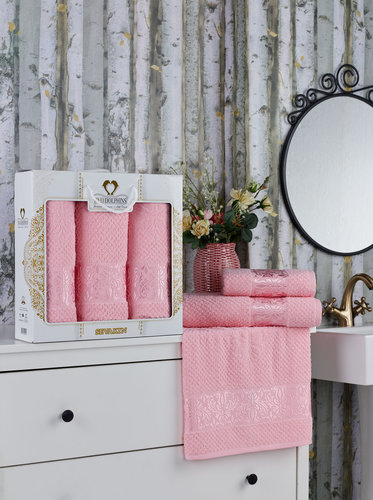 Подарочный набор полотенец для ванной 50х90(2), 70х140(1) Two Dolphins SEVAKIN хлопковая махра розовый, фото, фотография