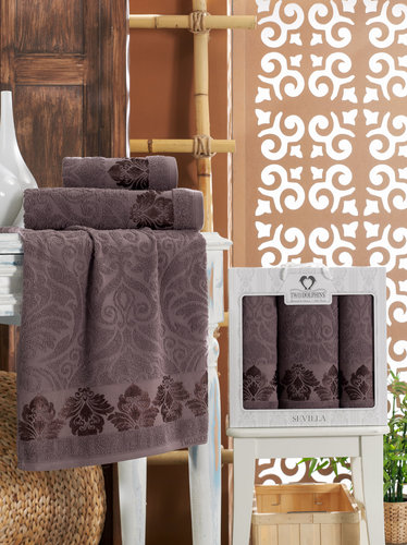 Подарочный набор полотенец для ванной 50х90(2), 70х140(1) Two Dolphins SEVILLA хлопковая махра шоколадный, фото, фотография