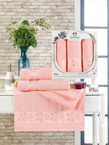 Подарочный набор полотенец для ванной 50х90(2), 70х140(1) Two Dolphins MELIS хлопковая махра розовый, фото, фотография