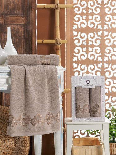 Подарочный набор полотенец для ванной 50х90, 70х140 Two Dolphins SEVILLA хлопковая махра коричневый, фото, фотография