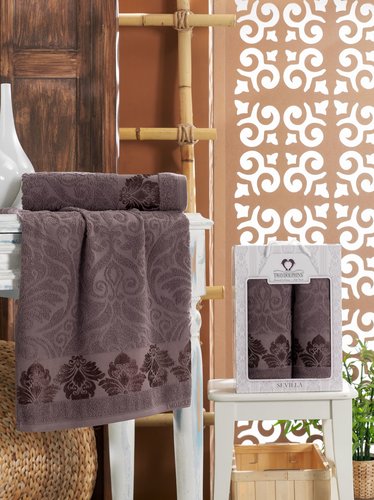 Подарочный набор полотенец для ванной 50х90, 70х140 Two Dolphins SEVILLA хлопковая махра шоколадный, фото, фотография