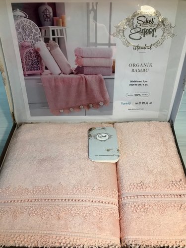 Подарочный набор полотенец для ванной 50х90, 70х140 Sikel SALKIM GUPURLU бамбуково-хлопковая махра персиковый, фото, фотография