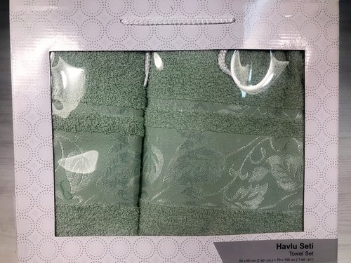 Подарочный набор полотенец для ванной 50х90, 70х140 Efor FLOSLU YAPRAK хлопковая махра светло-зеленый, фото, фотография