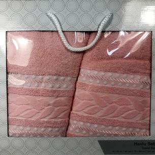 Подарочный набор полотенец для ванной 50х90, 70х140 Efor PAMUK YAPRAK хлопковая махра лососевый