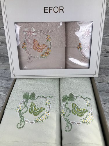 Подарочный набор полотенец для ванной 50х90, 70х140 Efor БАБОЧКА хлопковая махра зеленый, фото, фотография
