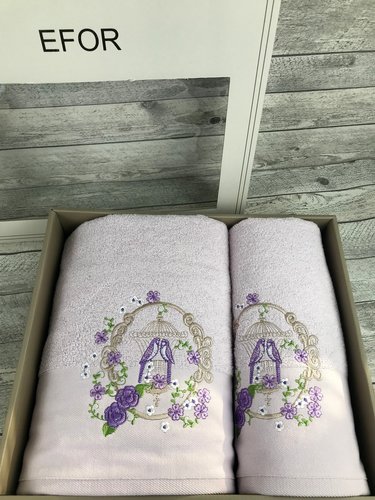 Подарочный набор полотенец для ванной 50х90, 70х140 Efor ПОПУГАИ хлопковая махра светло-сиреневый, фото, фотография