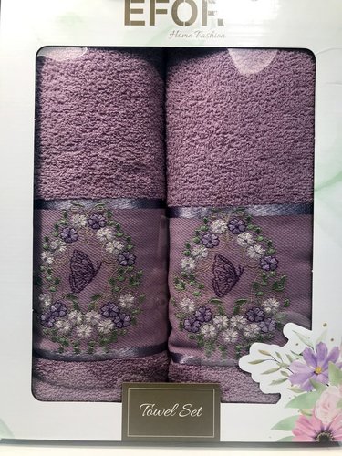 Подарочный набор полотенец для ванной 50х90, 70х140 Efor KELEBEK хлопковая махра лиловый, фото, фотография
