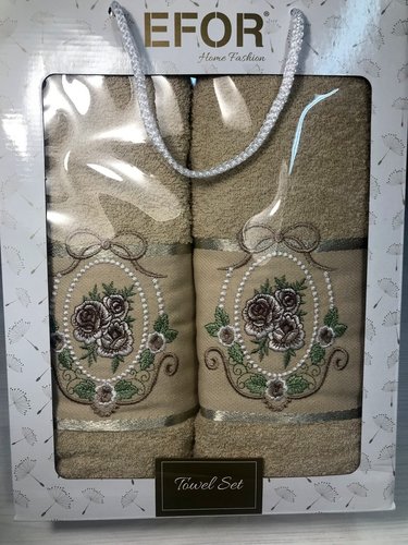 Подарочный набор полотенец для ванной 50х90, 70х140 Efor KRALCI GUL хлопковая махра капучино, фото, фотография