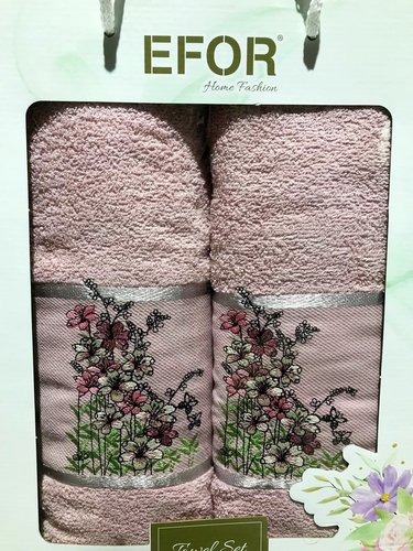 Подарочный набор полотенец для ванной с вышивкой 50х90, 70х140 Efor KUCUK CICEKLER хлопковая махра пудровый, фото, фотография