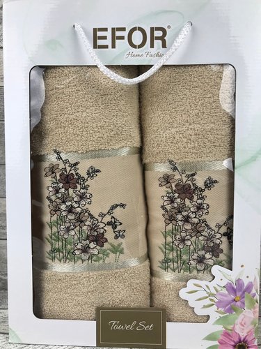 Подарочный набор полотенец для ванной с вышивкой 50х90, 70х140 Efor KUCUK CICEKLER хлопковая махра капучино, фото, фотография