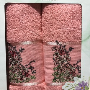Подарочный набор полотенец для ванной с вышивкой 50х90, 70х140 Efor KUCUK CICEKLER хлопковая махра лососевый