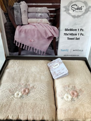 Подарочный набор полотенец для ванной 50х90, 70х140 Sikel PERFORJE бамбуково-хлопковая махра персиковый, фото, фотография