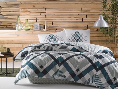 Комплект подросткового постельного белья TAC GENC MODASI OPTIMA хлопковый ранфорс изумрудный+серый 1,5 спальный, фото, фотография