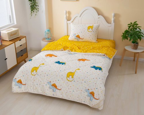 Детское постельное белье без пододеяльника с одеялом Sofi De Marko ДИНО хлопковый сатин жёлтый 1,5 спальный, фото, фотография