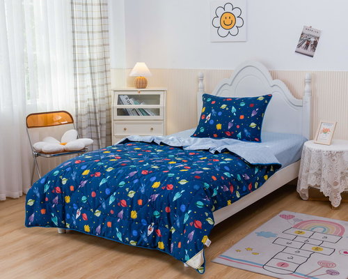Детское постельное белье без пододеяльника с одеялом Sofi De Marko МАКРОКОСМОС хлопковый сатин синий 1,5 спальный, фото, фотография