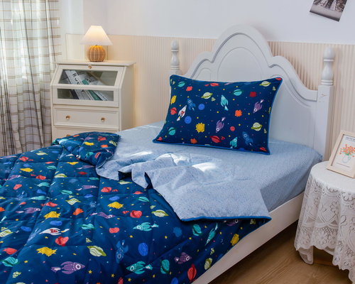 Детское постельное белье без пододеяльника с одеялом Sofi De Marko МАКРОКОСМОС хлопковый сатин синий 1,5 спальный, фото, фотография