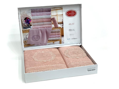 Подарочный набор полотенец для ванной 50х90, 70х140 Karven REINA бамбуковая махра персиковый, фото, фотография