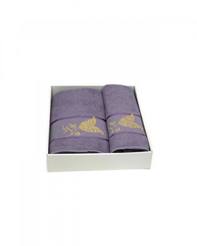 Подарочный набор полотенец для ванной 50х90, 70х140 Karven ALTIN YAPRAK хлопковая махра сиреневый, фото, фотография