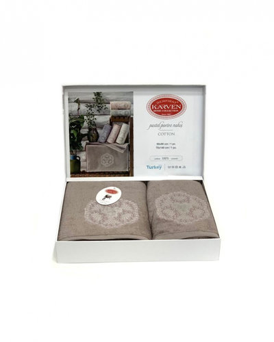 Подарочный набор полотенец для ванной 50х90, 70х140 Karven PASTEL PORTRE хлопковая махра темно-бежевый, фото, фотография