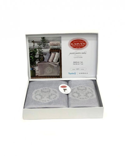 Подарочный набор полотенец для ванной 50х90, 70х140 Karven PASTEL PORTRE хлопковая махра серый, фото, фотография
