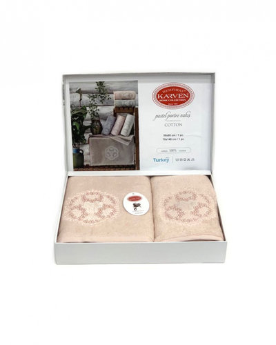 Подарочный набор полотенец для ванной 50х90, 70х140 Karven PASTEL PORTRE хлопковая махра персиковый, фото, фотография