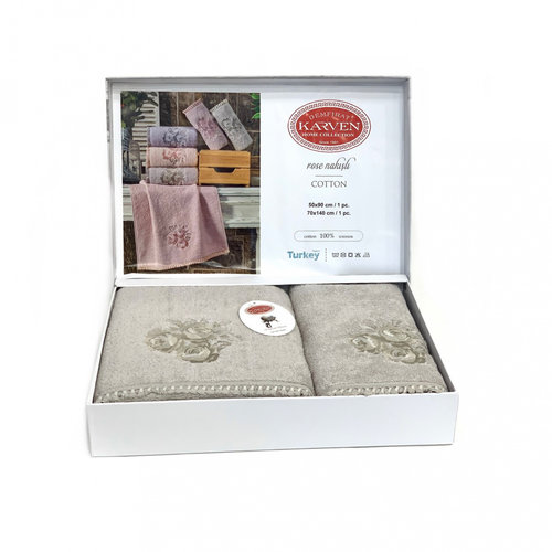 Подарочный набор полотенец для ванной 50х90, 70х140 Karven ROSE хлопковая махра бежевый, фото, фотография