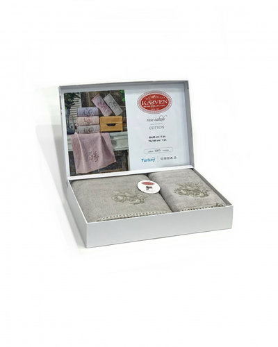 Подарочный набор полотенец для ванной 50х90, 70х140 Karven ROSE хлопковая махра серо-зеленый, фото, фотография