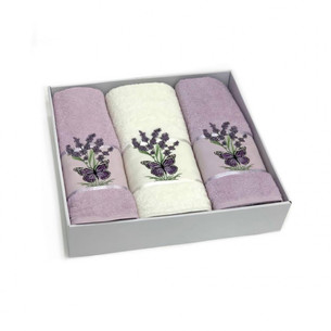 Подарочный набор полотенец для ванной 50х90(2), 70х140(1) Karven LAVANTA KELEBEK хлопковая махра кремовый/светло-сиреневый